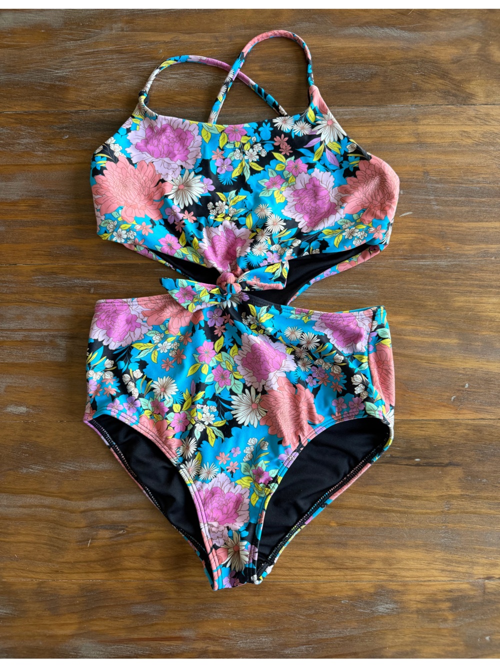 O'Neill Girls Floral Knot-Front Tankini in Turquoise, Pink & Black